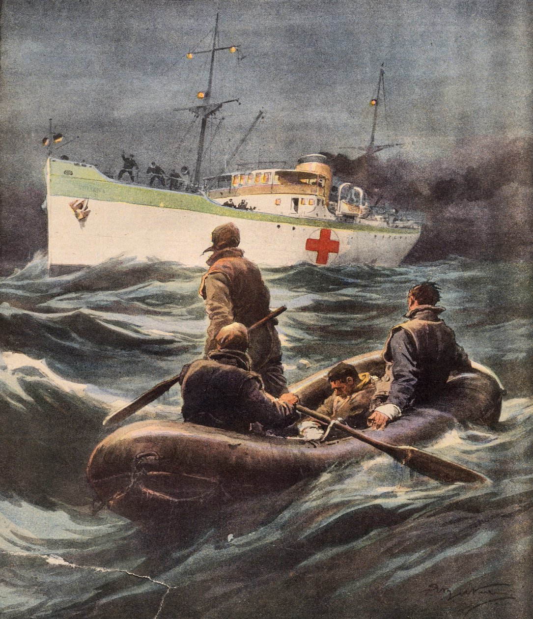 Italienskt sjukhusfartyg som räddar fyra tyska flygare som sköts ner, av Achille Beltrame (1871-1945), illustration från La Domenica del Corriere, 23 februari av Achille Beltrame