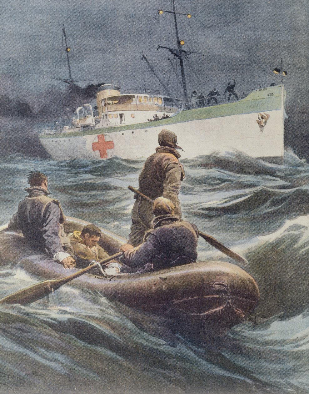 Italienskt sjukhusfartyg som tar skadade ombord, av Achille Beltrame, illustration, illustratör Achille Beltrame (1871-1945), från La Domenica del Corriere, 23 mars 1941 av Achille Beltrame