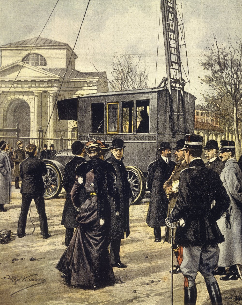 Den italienske fysikern Guglielmo Marconi deltar i experiment med den första mobilradiostationen i Milano den 30 december av Achille Beltrame