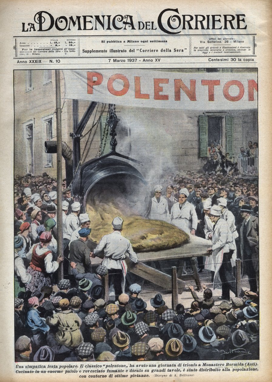 Italiensk populär festival: polenta geante (polentone) anordnad i en stad nära Asti i Veneto. Illustration av Achille Beltrame i "La Domenica del Corriere" "av 1937-03-07. av Achille Beltrame