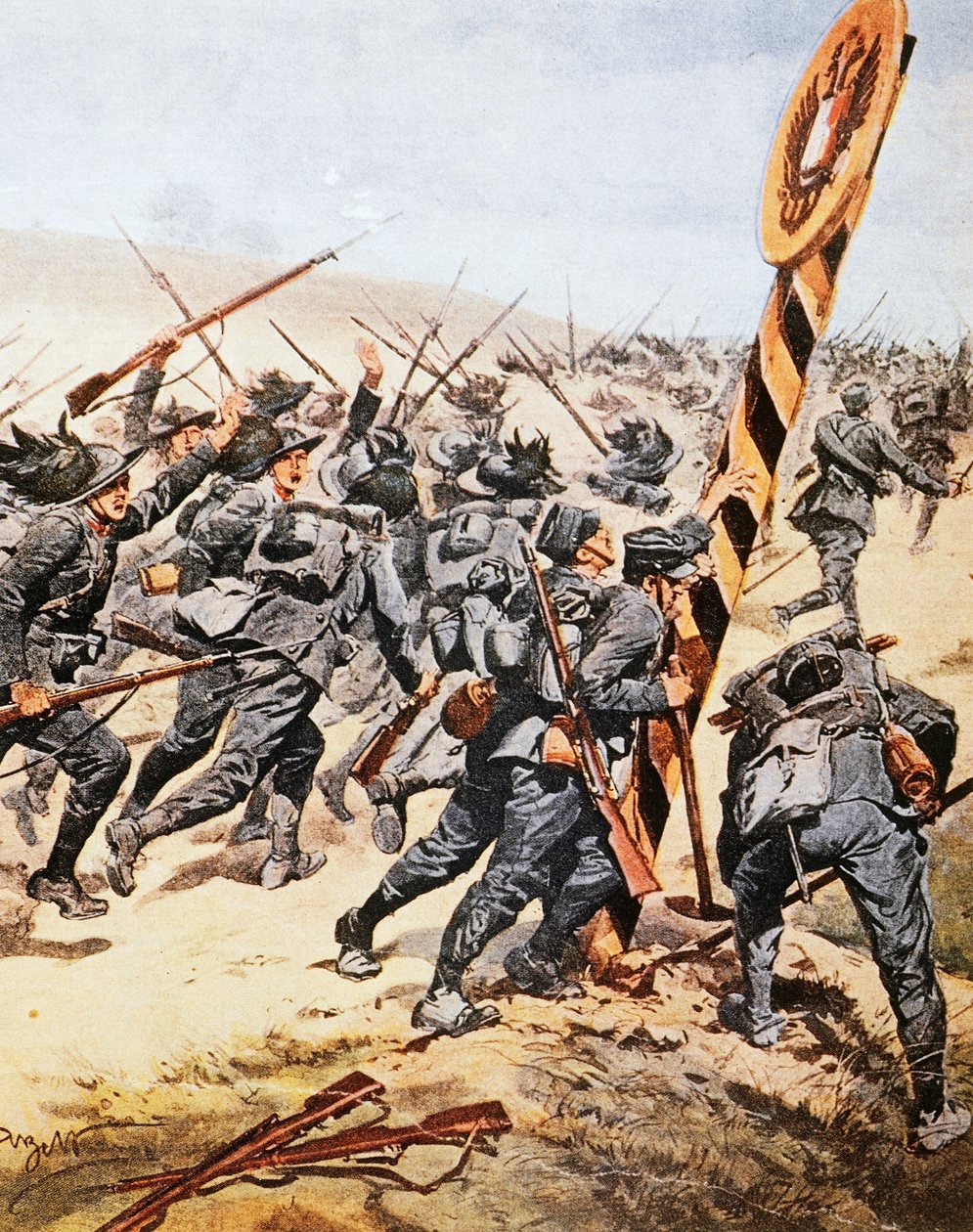 Italienska soldater som korsar den österrikiska gränsen, av Achille Beltrame (1871-1945), illustration från La Domenica del Corriere, juni 1915 av Achille Beltrame