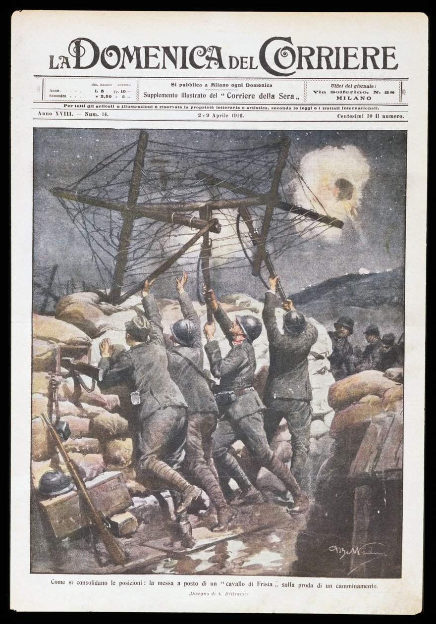 Italienska soldater sätter frisisk häst på skyttegrav, tallrik av Achille Beltrame (1871-1945) för Domenica del Corriere, 2-9 april 1916, första världskriget, Italien, 1900-talet av Achille Beltrame
