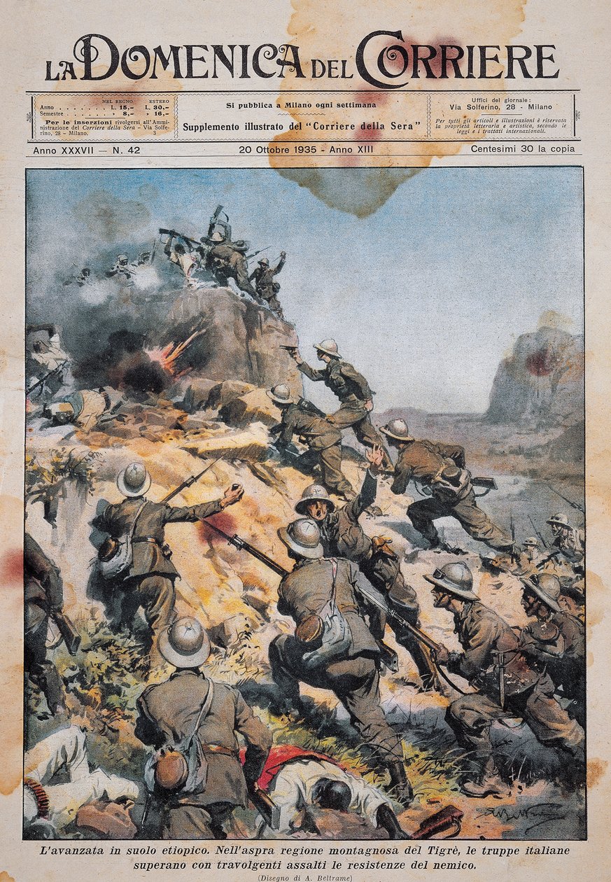 Italienska trupper avancerar på etiopisk mark, illustration från La Domenica del Corriere, 20 oktober av Achille Beltrame