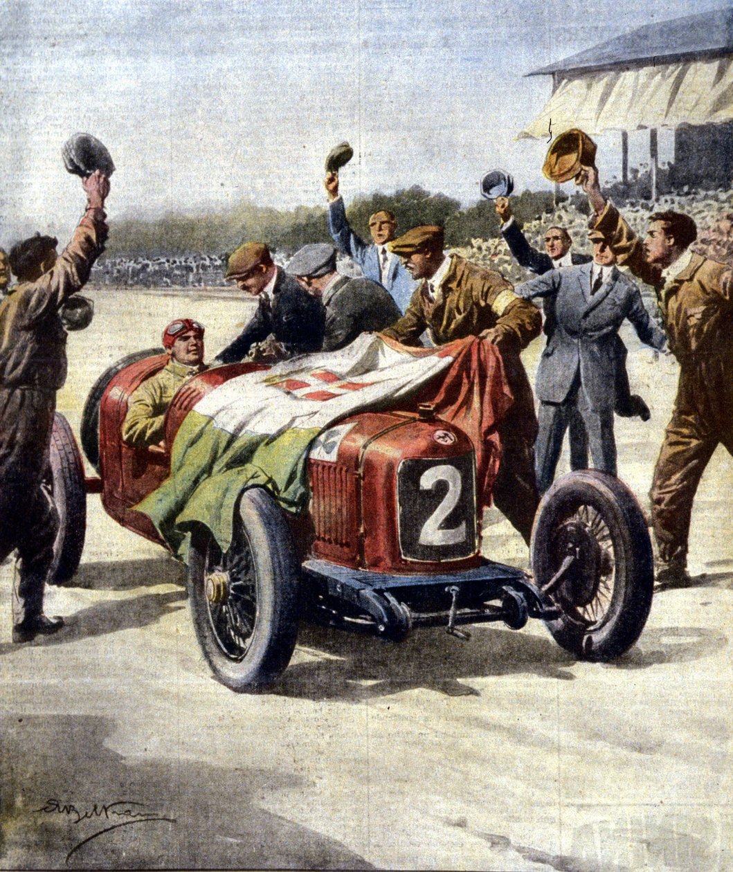 Italiensk seger vid 3:e European Motor Grand Prix: mekanikerna från Ascari visar den trefärgade flaggan på bilen. Ill. de Beltrame. "La Domenica del Corriere"". 07/1925. av Achille Beltrame