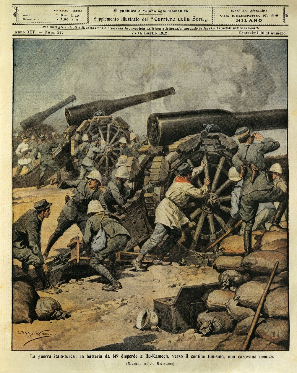 Italo-turkiska kriget, batterield från kanon nr 149 som dirigerar en fiendekaravan vid Bu-Kamek mot den tunisiska gränsen, illustratören Achille Beltrame (1871-1945), från La Domenica del Corriere, 7 juli 1912 av Achille Beltrame