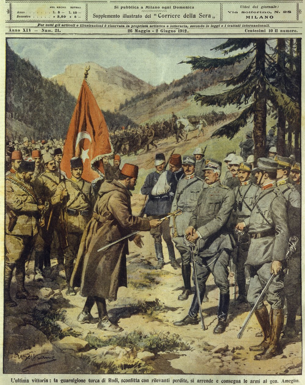 Italo-turkiska eller libyska kriget (1911-1912), den turkiska armén kapitulerar och ger upp vapen till den italienske generalen Ameglio på Rhodos, 26 maj av Achille Beltrame