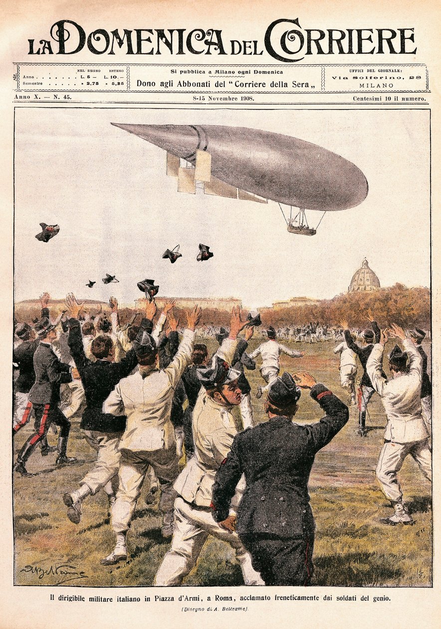 Italien, Milano, luftskeppsflygning lotsad av Crocco och Ricaldoni i Rom, den 31 oktober av Achille Beltrame
