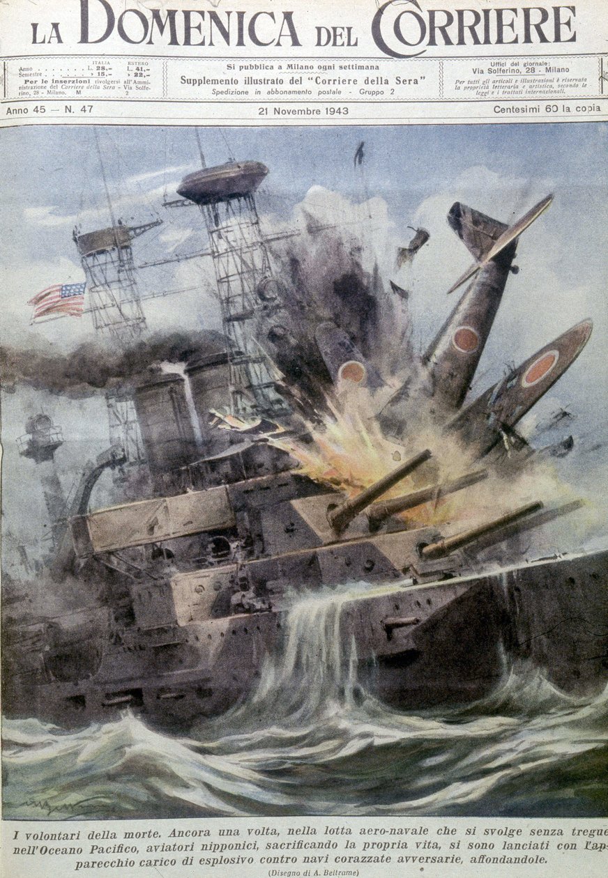 Japanska självmordsbombare exploderar på fiendens fartyg - i "La Domenica del Corriere", 21 november 1943 (litografi) av Achille Beltrame