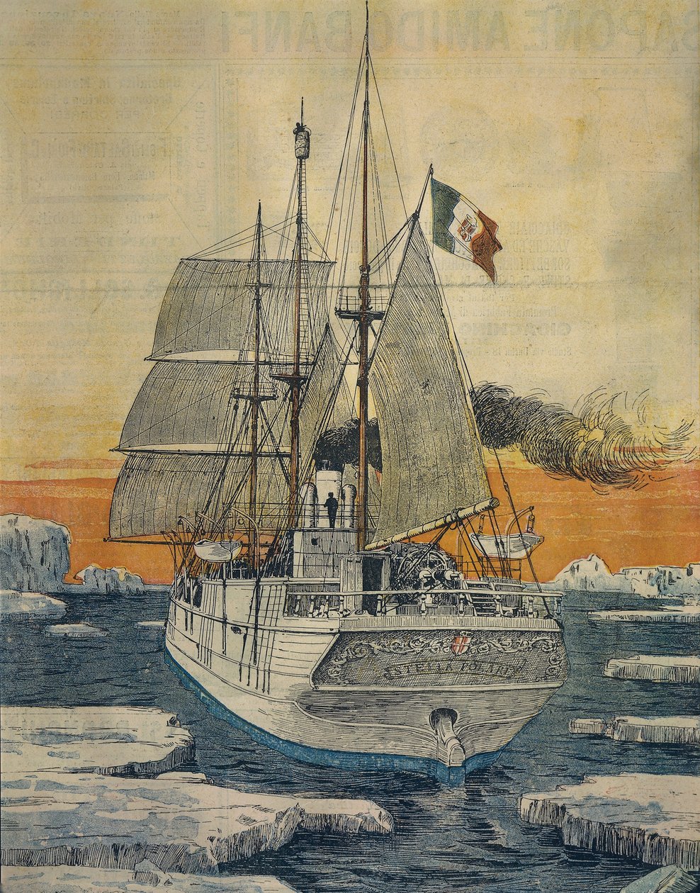 Resan till Nordpolen: Polar Star-skeppet som fraktade prins Luigi Amedeo av Savojen-Aosta, hertig av Abruzzi, till Teplitzbukten på Rudolf-ön, av Achille Beltrame (1871-1945), från La Domenica del Corriere av Achille Beltrame