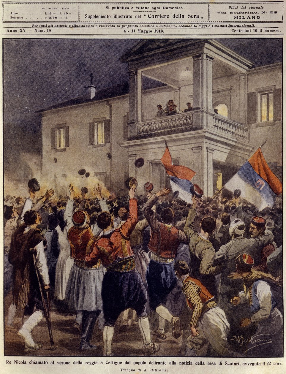 Kung Nicholas I av Montenegro inför en folkmassa i Cettigne efter kapitulationen av staden Shkoder, 4 maj av Achille Beltrame
