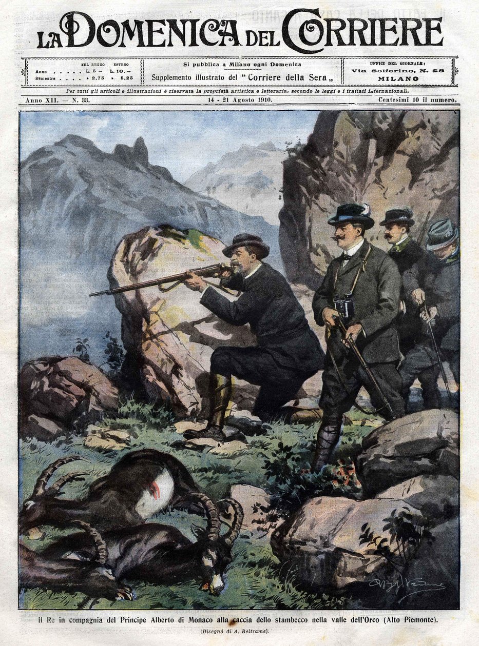 Prins Albert I av Monaco jagar stenbock, kung Victor Emmanuel III av Italien jagar stenbock. omslag till The Domenica del Corriere den 14 augusti av Achille Beltrame