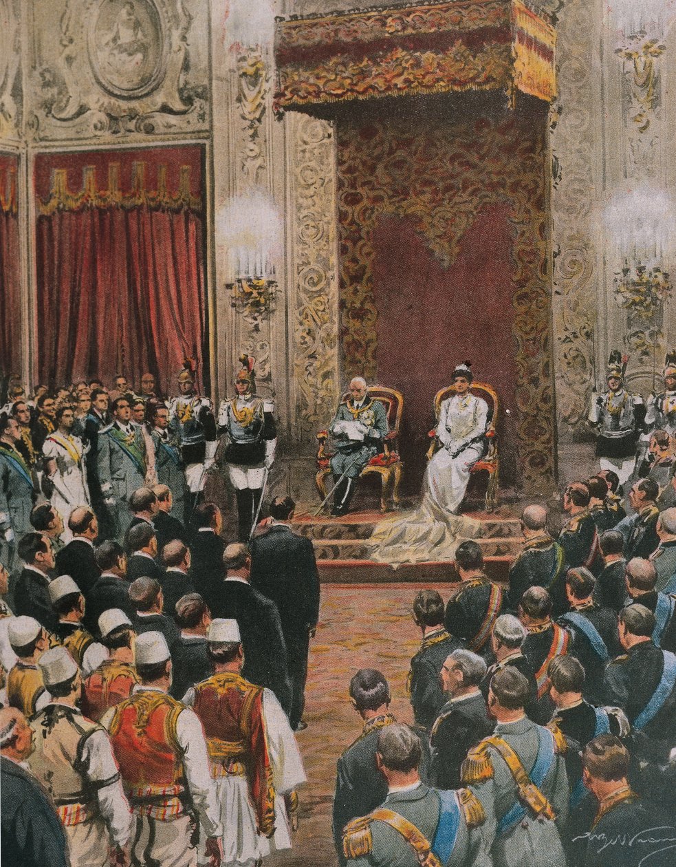 Kung av Italien, Vittorio Emanuele III av Savojen, kröns till kung av albanerna, av Achille Beltrame, illustration, illustratör Achille Beltrame (1871-1945), från La Domenica del Corriere av Achille Beltrame