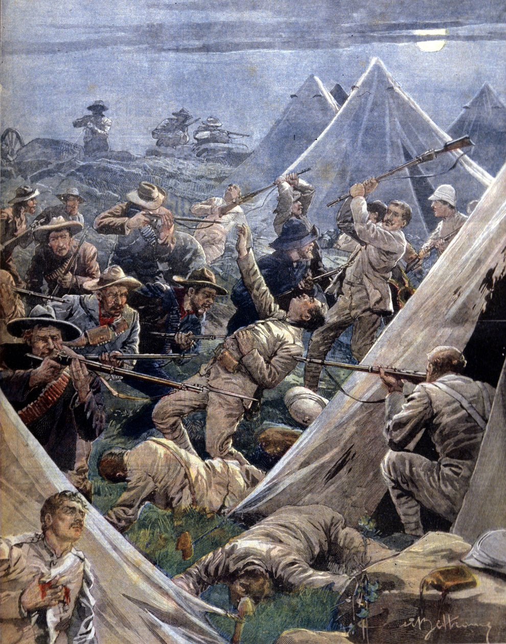 Boerkriget eller Transvaalkriget i Sydafrika mellan engelsmännen och boerna: de senare attackerade ett engelskt läger vid Tweenfontein. Illustration av Beltrame. Domenica del corriere. 1902. av Achille Beltrame