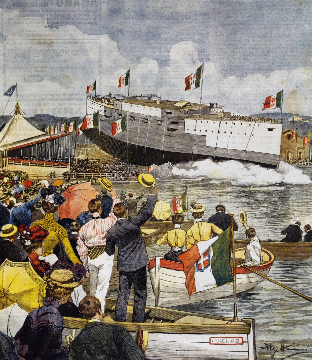 Sjösättning av slagskeppet Regina Margherita i La Spezia, panel av Achille Beltrame (1871-1945), La Domenica del Corriere, 9 juni av Achille Beltrame