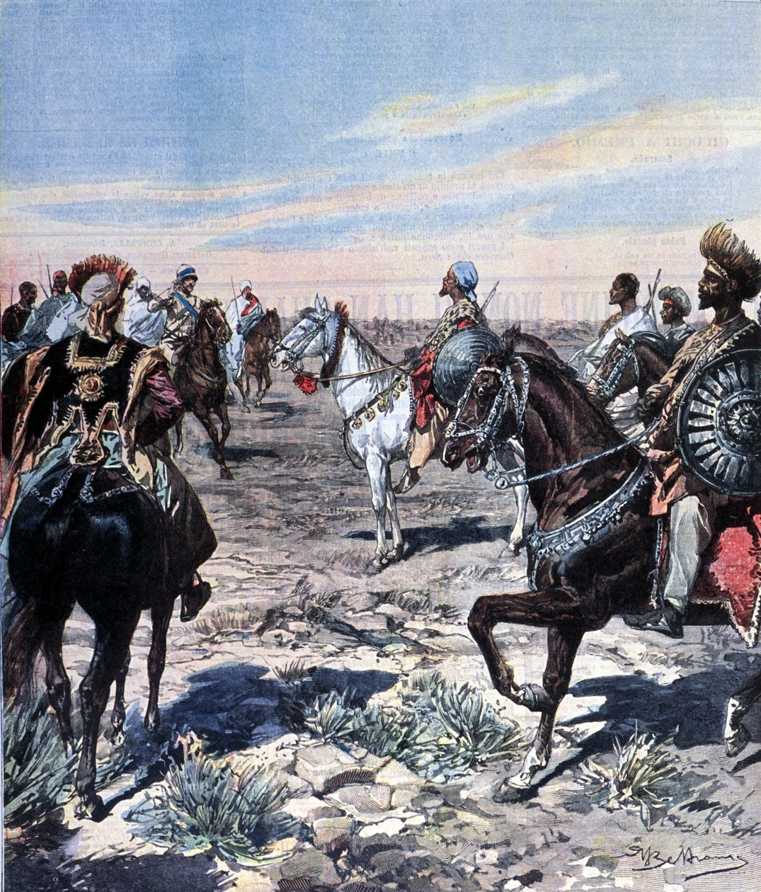 Kapten Mozzetti på lägret Ras Makonnen (Mekonnen Welde Mikael) (Abba Qagnew) (1852-1906) i Etiopien. Illustration av Beltrame. Domenica del corriere. 1899. av Achille Beltrame