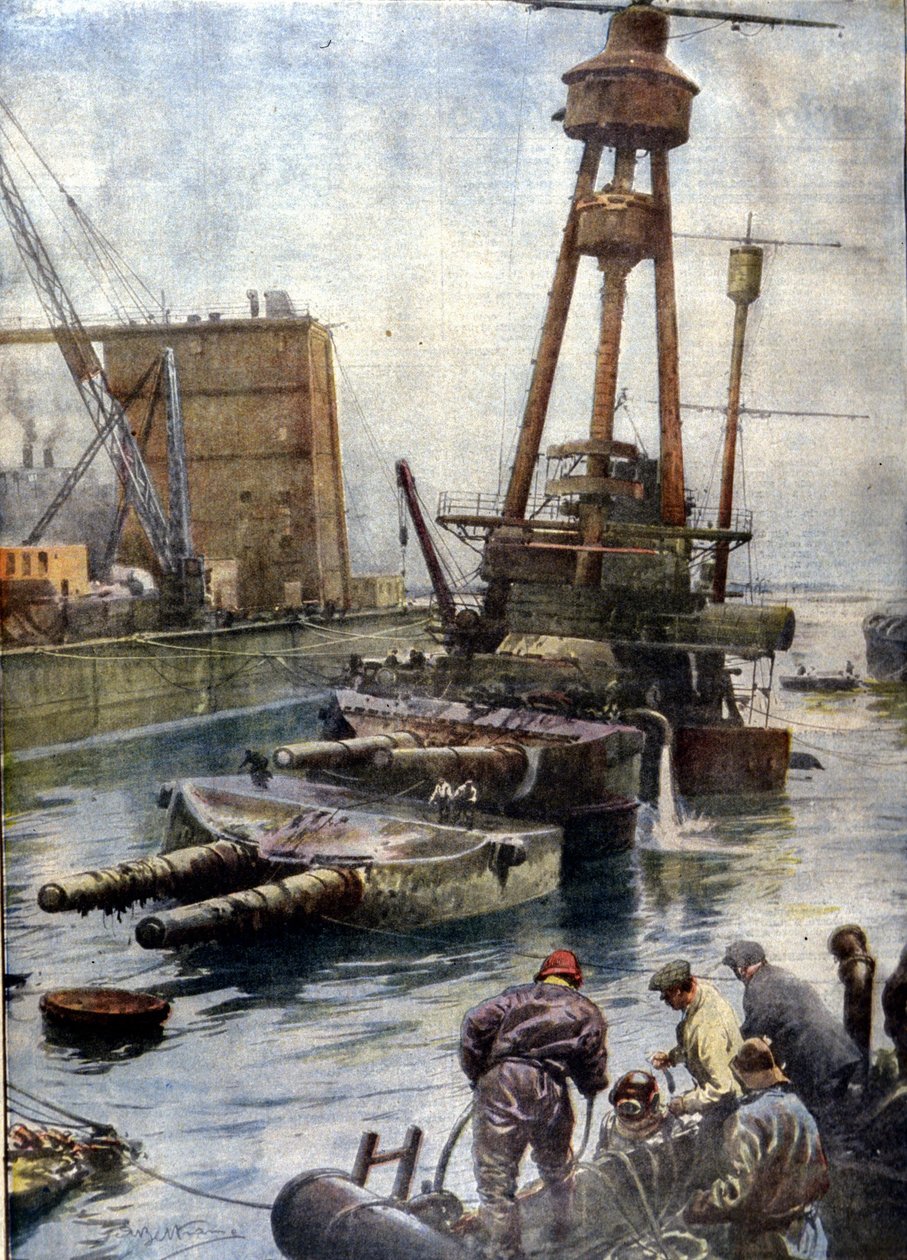 Det tyska slagskeppet Hindenburg, sänkt vid Scapa Flow i Skottland, återvände till ytan tack vare den engelska flottan efter 7 år tillbringat på havens botten. Illustration av Beltrame. Corrierens Domenica av Achille Beltrame