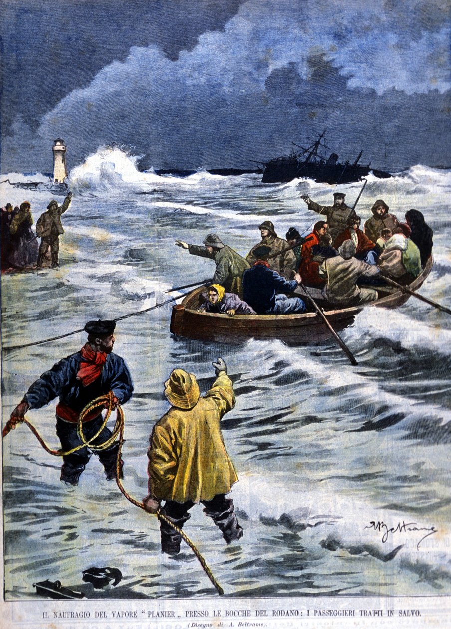 Sänkningen av ångfartyget Planier nära Bouches du Rhône: räddningsmännen tar tillbaka passagerarna. Illustration av Beltrame. Domenica del corriere. 1901. av Achille Beltrame