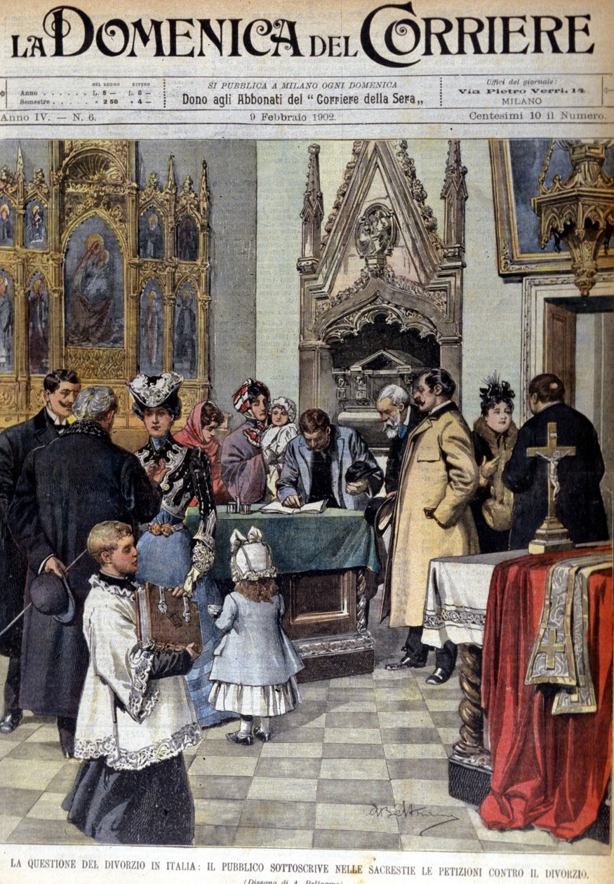 Problemet med skilsmässa i Italien: befolkningen undertecknar framställningar mot skilsmässa i sakristierna. Illustration av Beltrame. Domenica del corriere. 02/9/1902 av Achille Beltrame