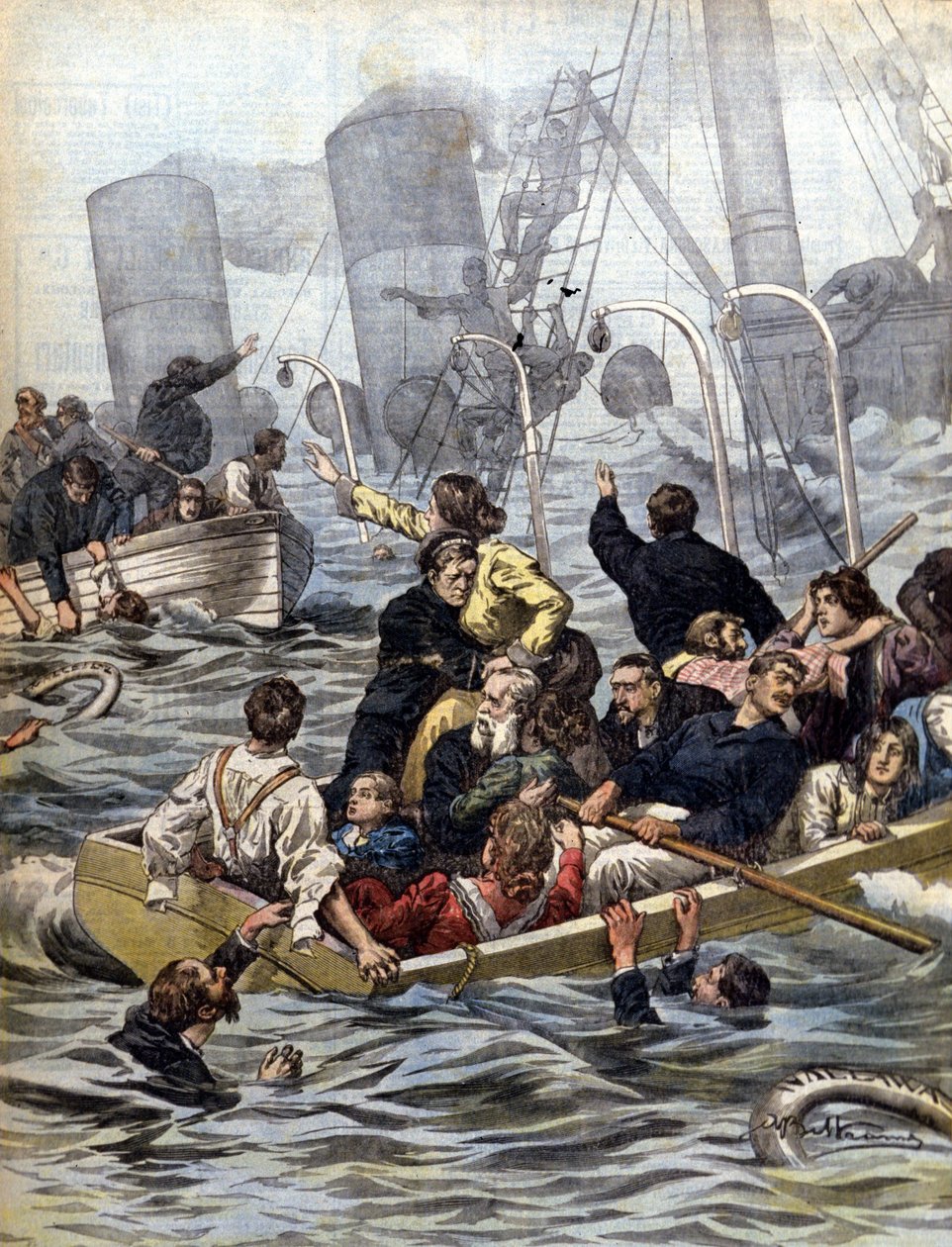 Sjöfartsdramer: förlisningen av linjefartyget Wallawalla lastat med guldgrävare från Klondike. Illustration av Beltrame. Domenica del corriere. 1902 av Achille Beltrame