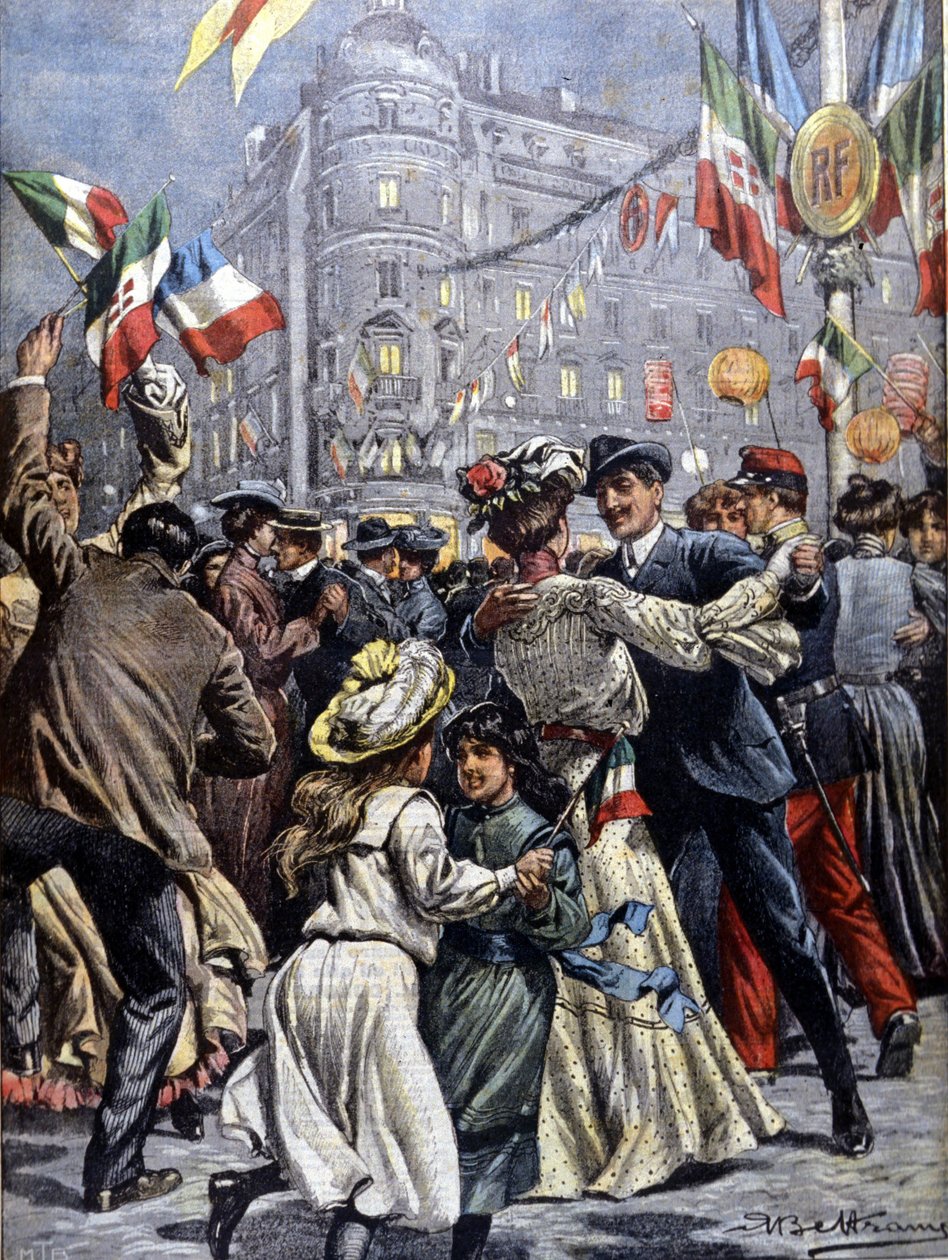 Italiens suveräner i Paris: populära baler på gatorna. Illustration av Beltrame. Domenica del corriere. 1903. av Achille Beltrame
