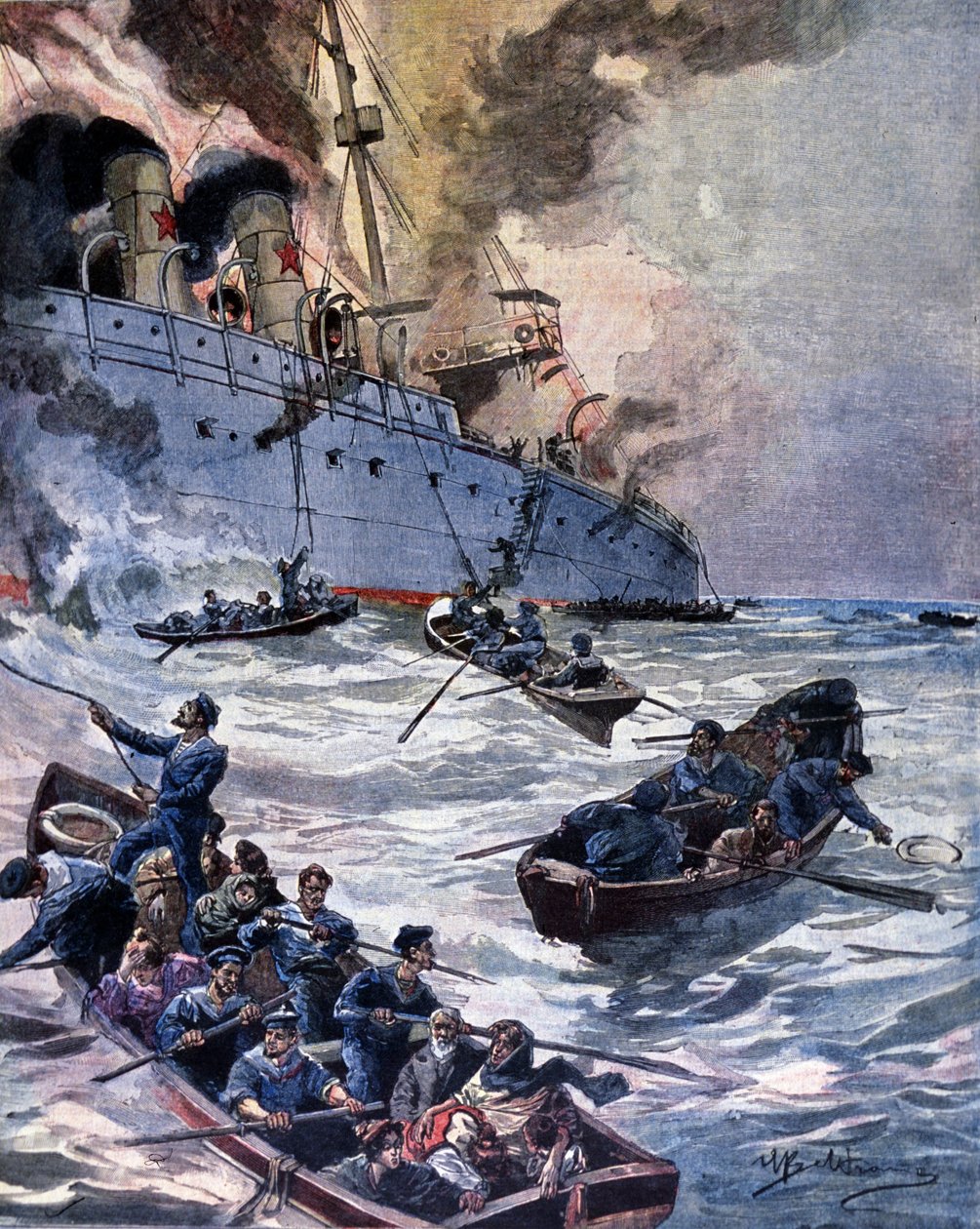 Branden av ångbåten Vittoria i Alicante. Illustration av Beltrame. Kurir söndag. 1899. av Achille Beltrame