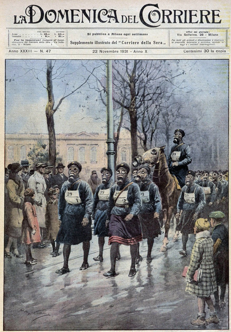 Mars anordnad i Warszawa för att träna befolkningen i användningen av gasmasker - ritning av A. Beltrame, i "" la Domenica del Corriere"" av 1931-11-22 av Achille Beltrame