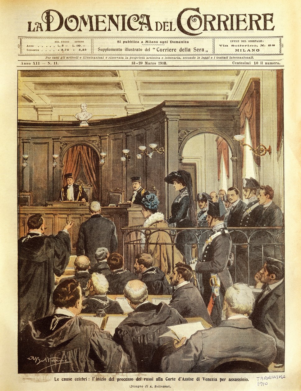 Maria Tarnowska på rättegång i Venedig, av Achille Beltrame, illustration, illustratör Achille Beltrame (1871-1945), från La Domenica del Corrier av Achille Beltrame