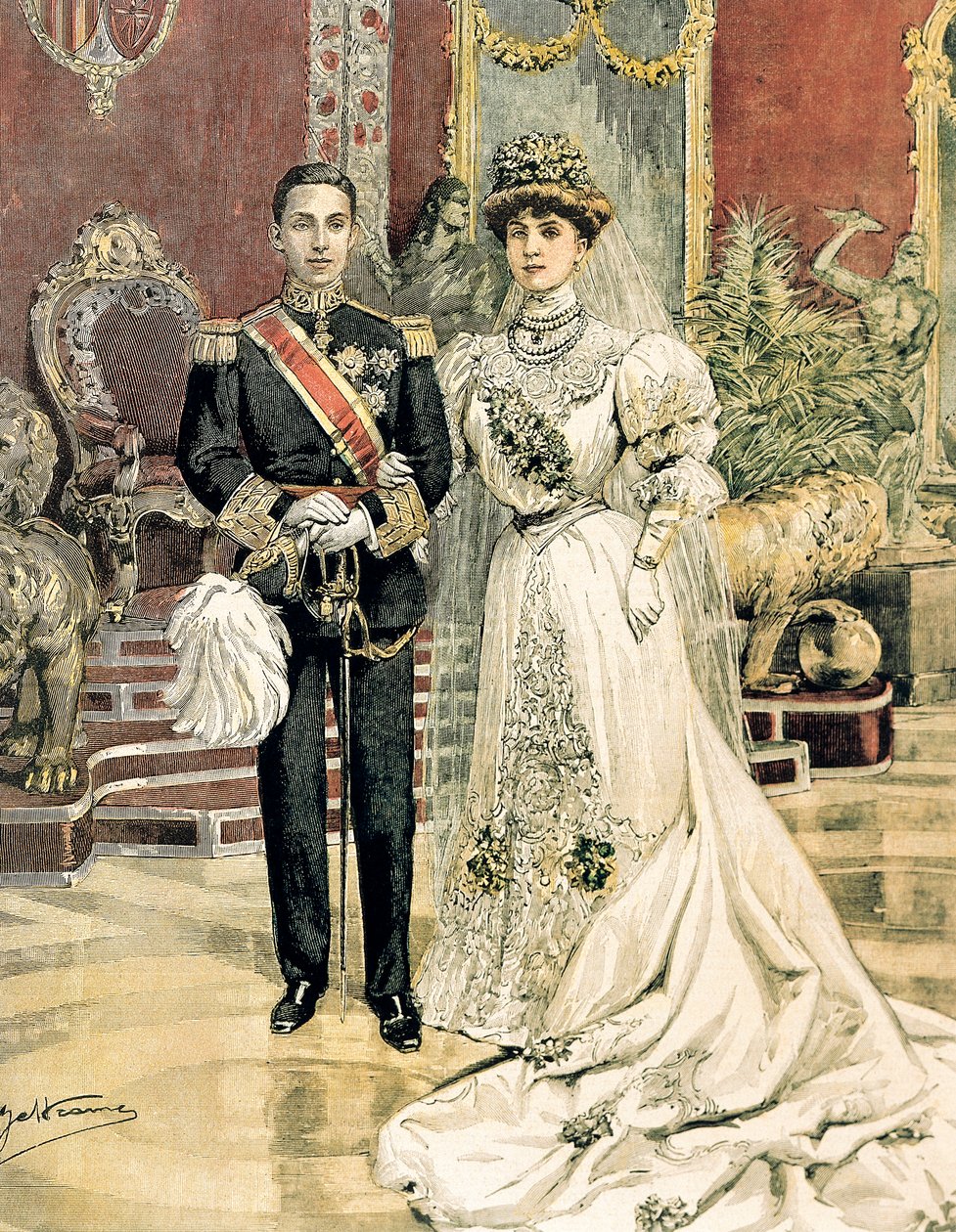 Äktenskap mellan kung Alfonso XIII av Spanien och prinsessan Ena av Battenberg, Achille Beltrame (1871-1945) från La Domenica del Corriere, 3 juni av Achille Beltrame