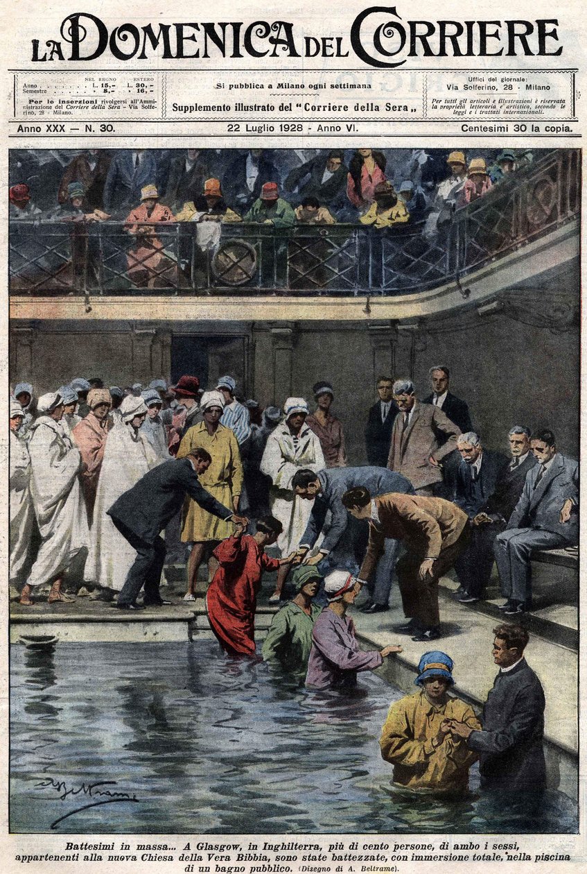 Massdop: I Glasgow, Skottland, döptes mer än hundra personer, medlemmar av den nya True Bible Church, i den kommunala poolen. Illustration av Beltrame. La Domenica del Corriere. 22/07/1928. av Achille Beltrame
