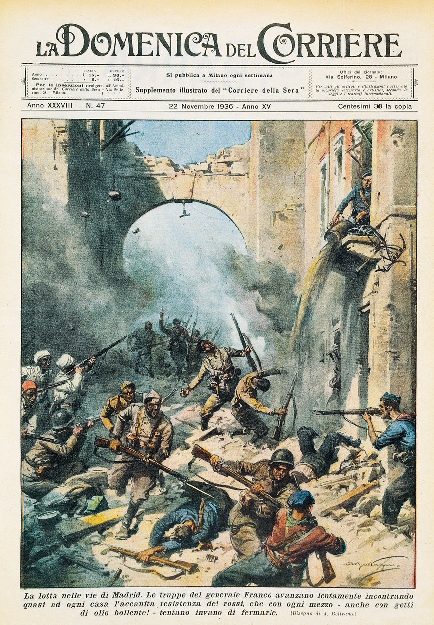 Närstrid på gator i Madrid under spanska inbördeskriget, Achille Beltrame (1871-1945), från La Domenica del Corriere, 22 november av Achille Beltrame