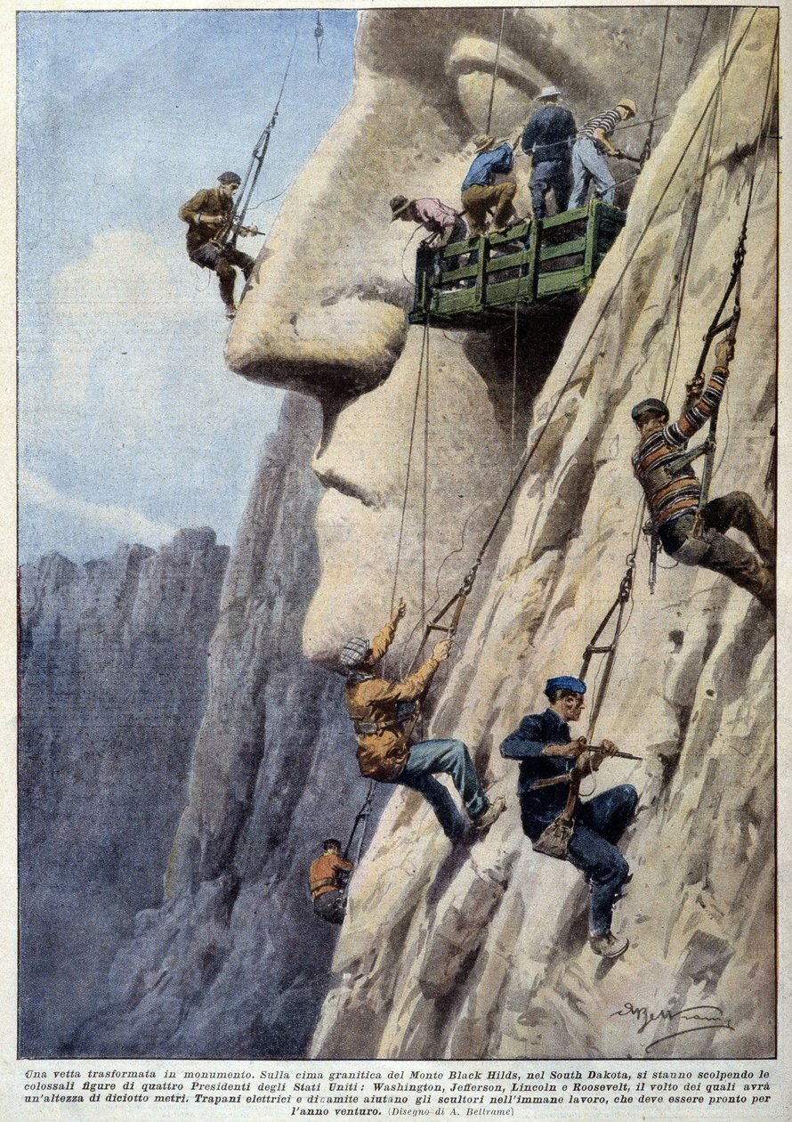 Män som klättrar på en granitklippa och skulptörer på jobbet för att bygga monumentet över amerikanska presidenter av Mount Black Hilds - teckning av A. Beltrame, i "La Domenica del Corriere"" av Achille Beltrame
