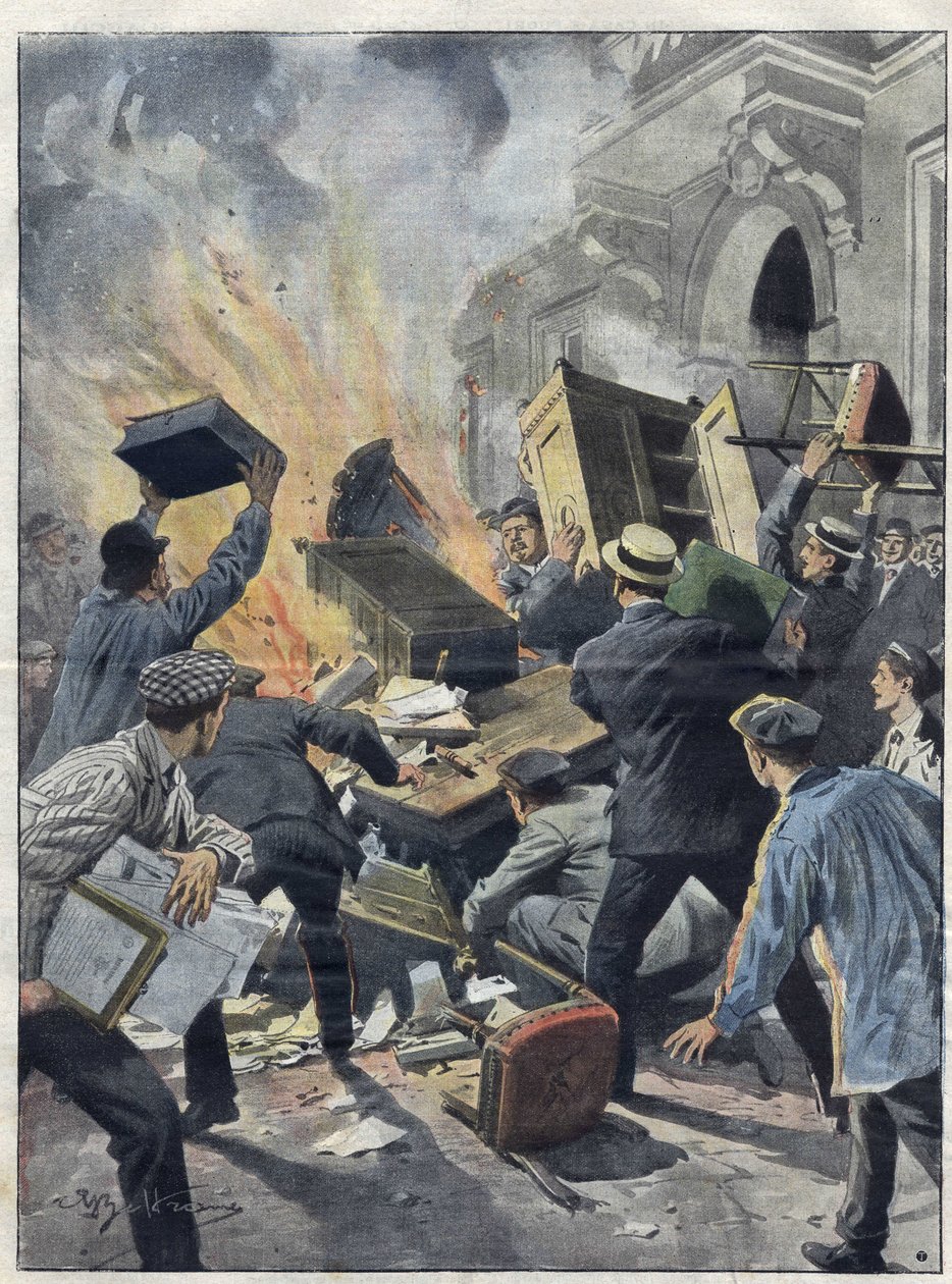 Midi-vinkrisen 1907: vinmakare satte eld på stadshuset i Beziers (Herault). Illustration av Achille Beltrame från 1907. av Achille Beltrame