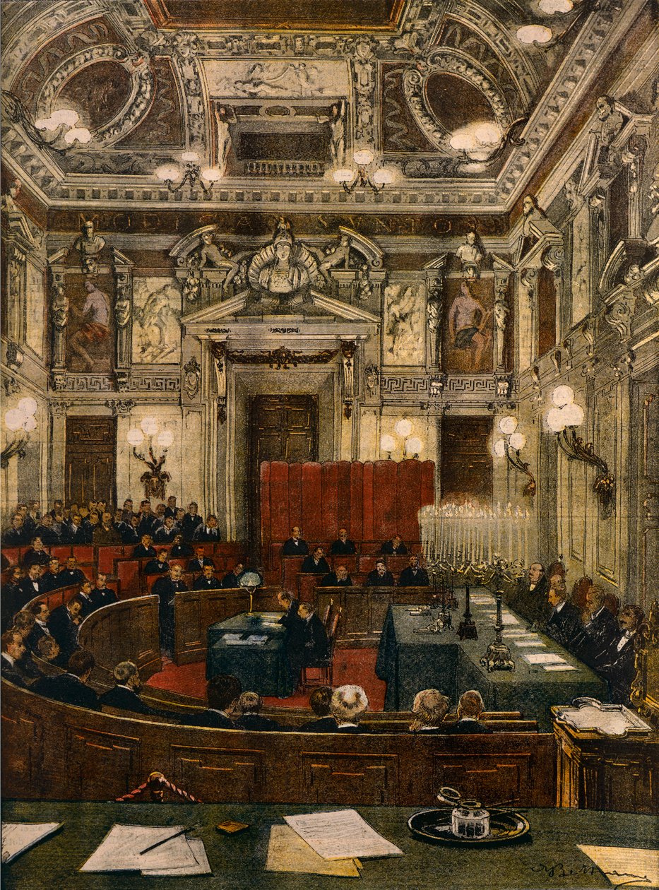Milanos nya stadsfullmäktige i session, av Achille Beltrame (1871-1945), från La Domenica del Corriere av Achille Beltrame