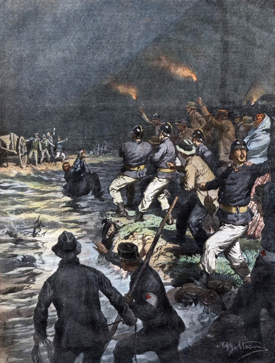 Mirakulös räddning av åkare blockerade på en ö vid floden Serio nära Bergamo - Illustration av Beltrame i "La Domenica del Corriere"" 10/1909 av Achille Beltrame
