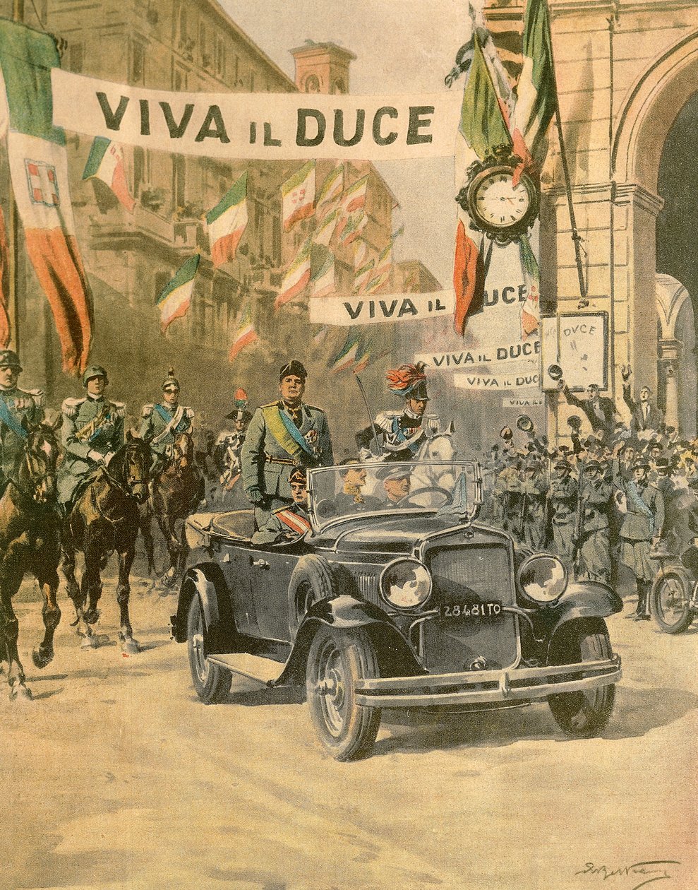 Mussolinis triumferande ankomst till Turin, av Achille Beltrame (1871-1945) från nummer av La Domenica del Corriere, oktober 1932 av Achille Beltrame