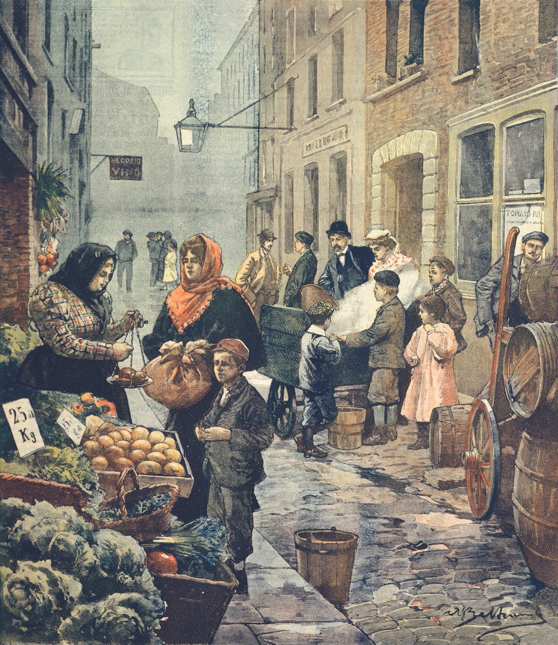 En av de mest karakteristiska gatorna i de italienska kvarteren, Soffron Hill, London, av Achille Beltrame (1871-1945) från La Domenica del Corriere av Achille Beltrame