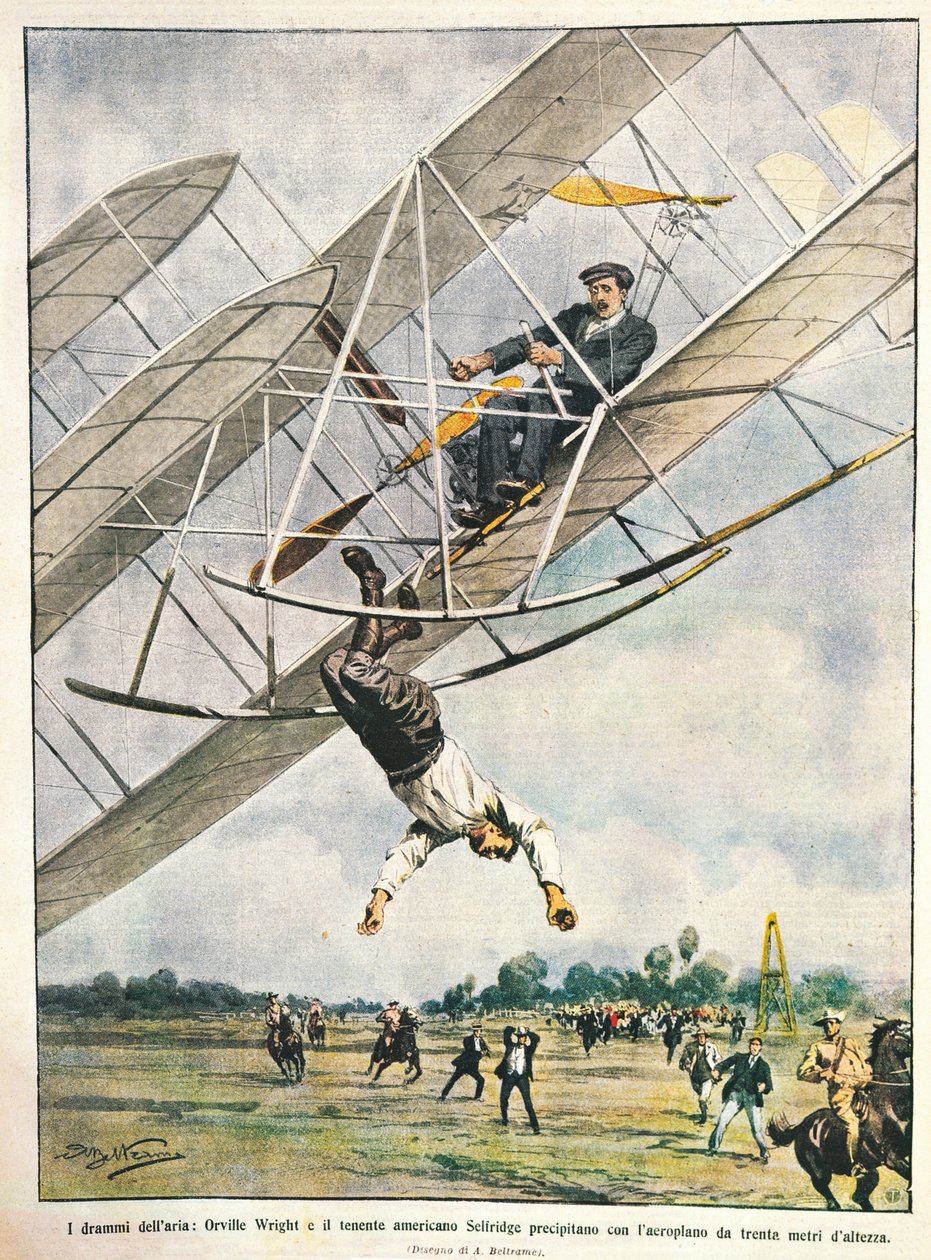 Orville Wright och löjtnant Seliridge störtar med biplan från trettio meter, USA, illustration av Achille Beltrame från La Domenica del Corriere, 11 oktober av Achille Beltrame