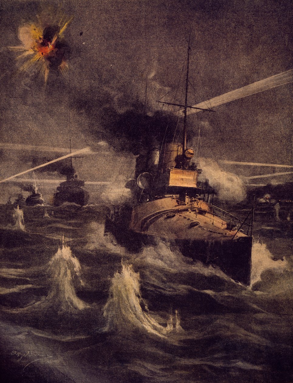 Våra torpedbåtar gör vågat intrång i Dardanellesundet under fiendens eld, av Achille Beltrame (1871-1945), illustration från La Domenica del Corriere av Achille Beltrame