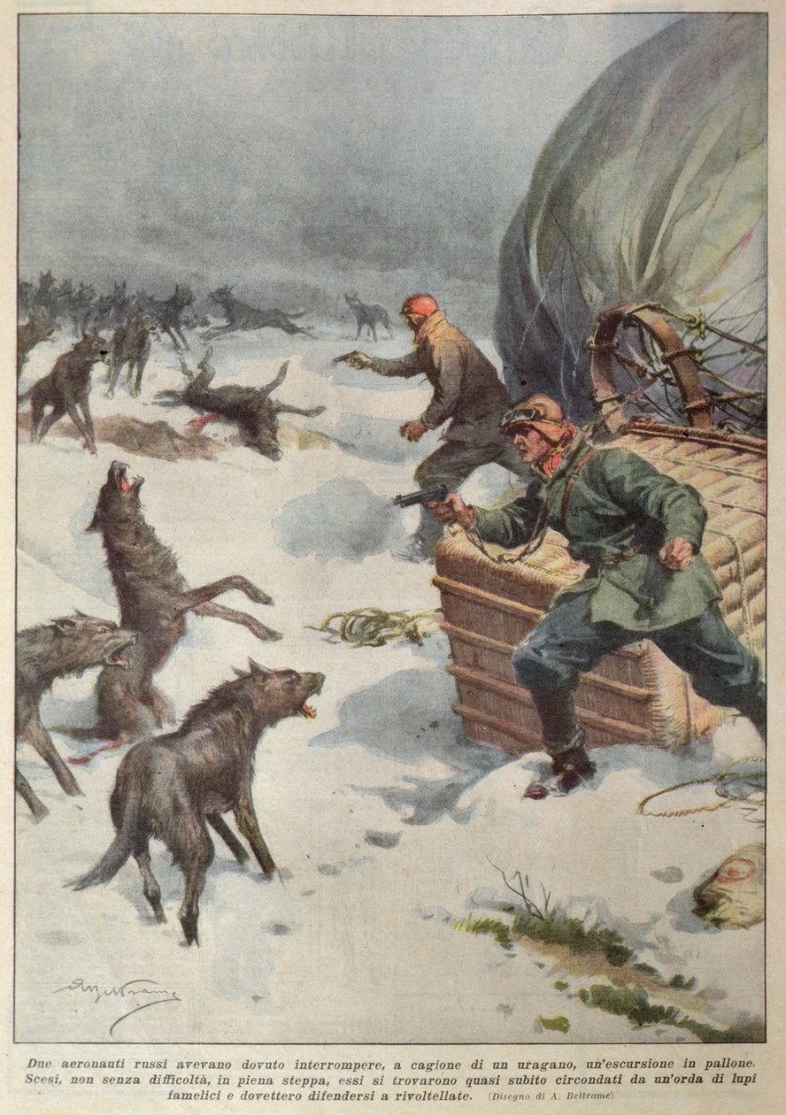 Vargflockar attackerar besättningen på en grundstött rysk luftballong, illustration från "La Corriere della Sera". av Achille Beltrame