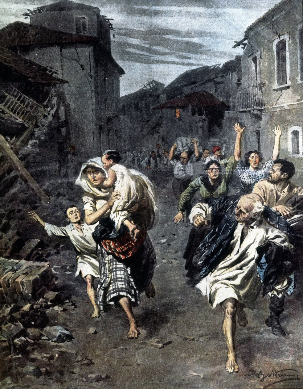 Panik i Reggio Calabria efter jordbävningen 1908. Illustration av Beltrame. 1908 av Achille Beltrame