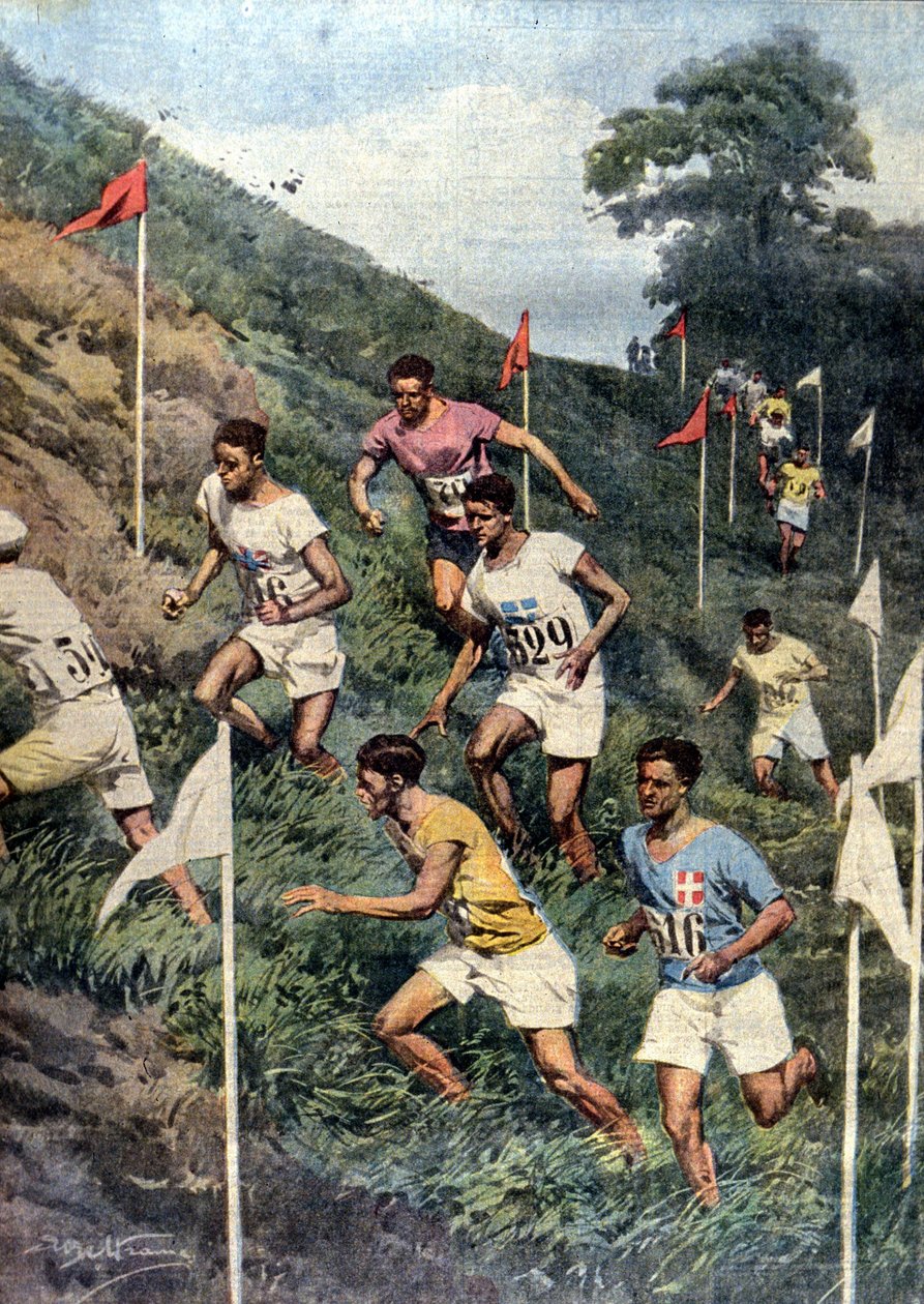 Olympiska spelen i Paris: löpning med naturliga hinder: terränglöpning. Ill. de Beltrame. La Domenica del Corriere av Achille Beltrame