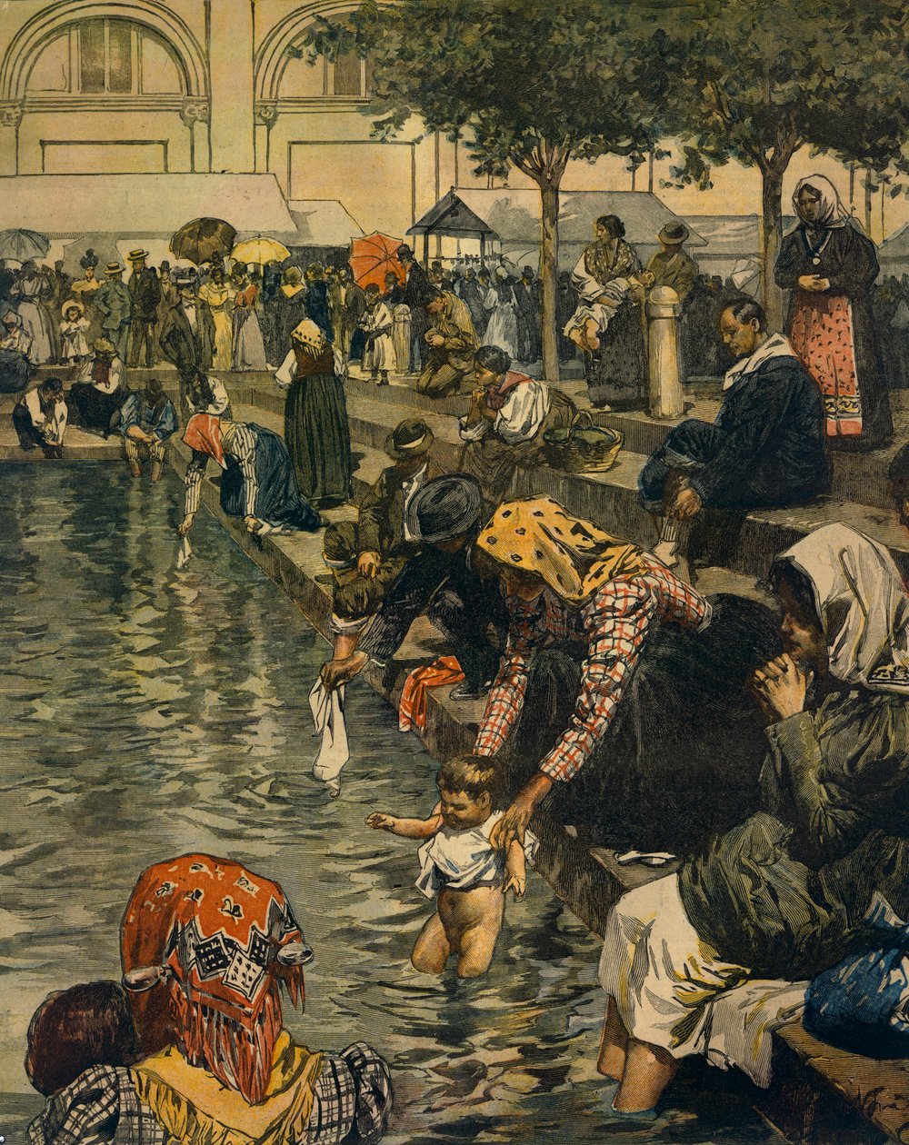 Pilgrimsfärd till Caravaggio: Bad i mirakulösa vatten, av Achille Beltrame (1871-1945), från La Domenica del Corriere av Achille Beltrame