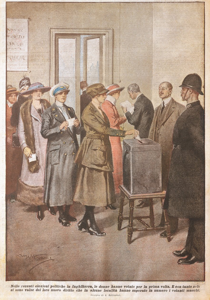Politiska val i England: Kvinnor röstar för första gången, av Achille Beltrame (1871-1945), från La Domenica del Corriere, 1900-talet av Achille Beltrame