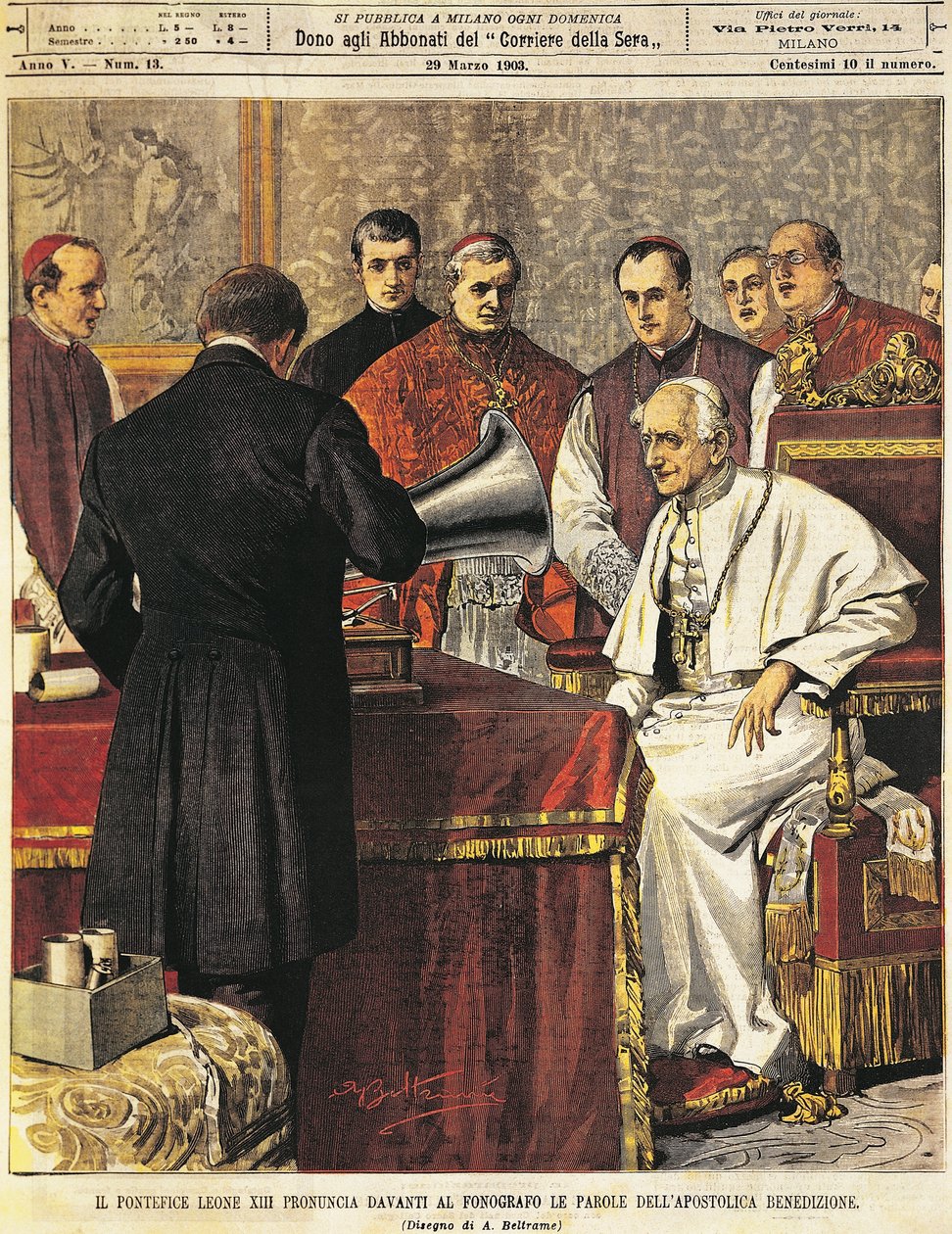 Påve Leone XIII läser välsignelse till grammofon, av Achille Beltrame (1871-1945), från La Domenica del Corriere, 29 mars 1903 av Achille Beltrame