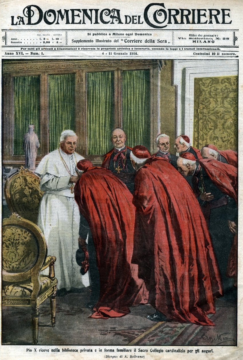 Påven Pius X tar emot kardinalerna i sitt bibliotek för nyårsönskan. Omslag till Domenica del Corriere den 4 januari av Achille Beltrame