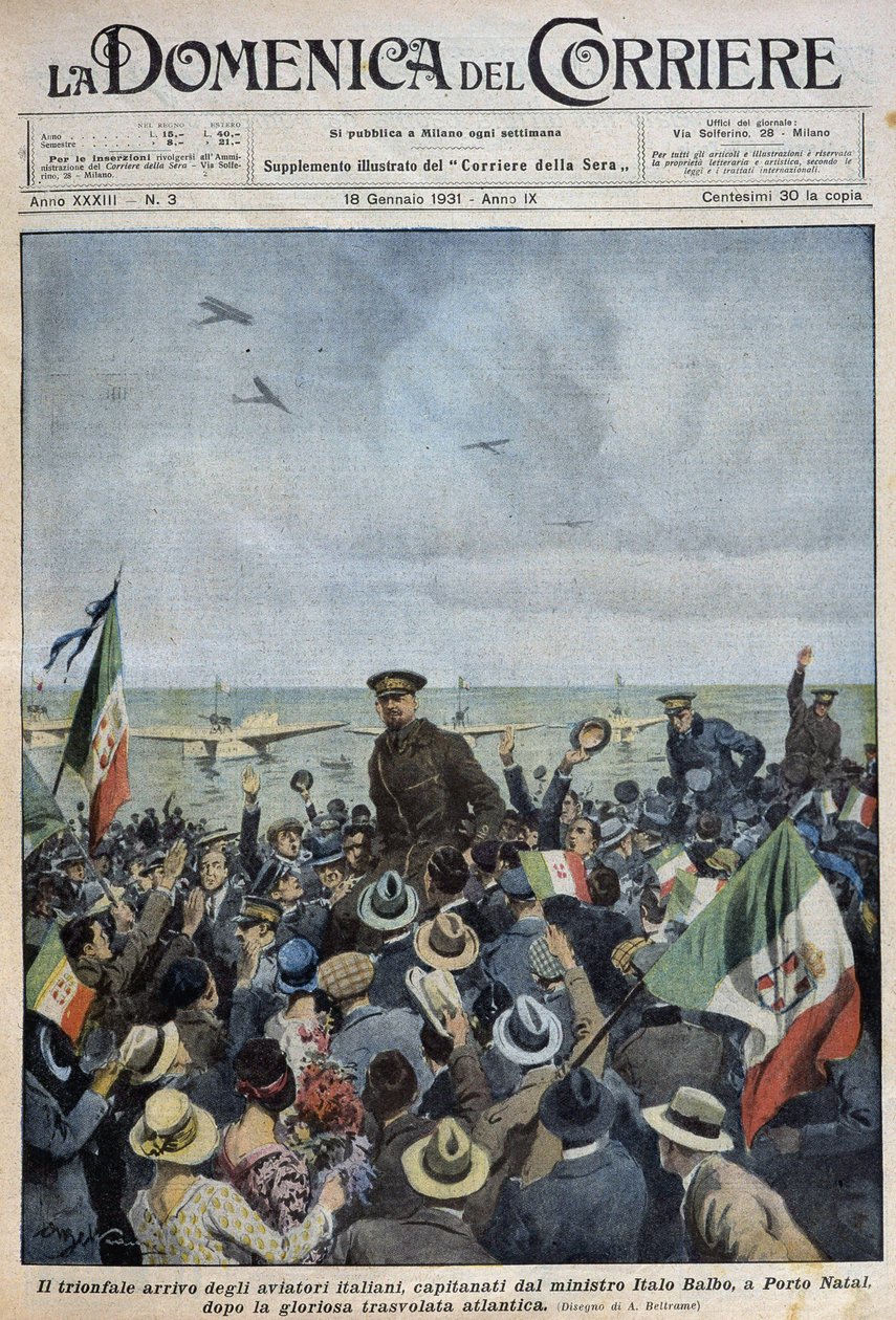 Porto Natal: den triumferande ankomsten av italienska flygare ledda av minister Italo Balbo efter att ha korsat Atlanten - dess. de A. Beltrame i "" la Domenica del Corriere"" av 1931-01-25 av Achille Beltrame