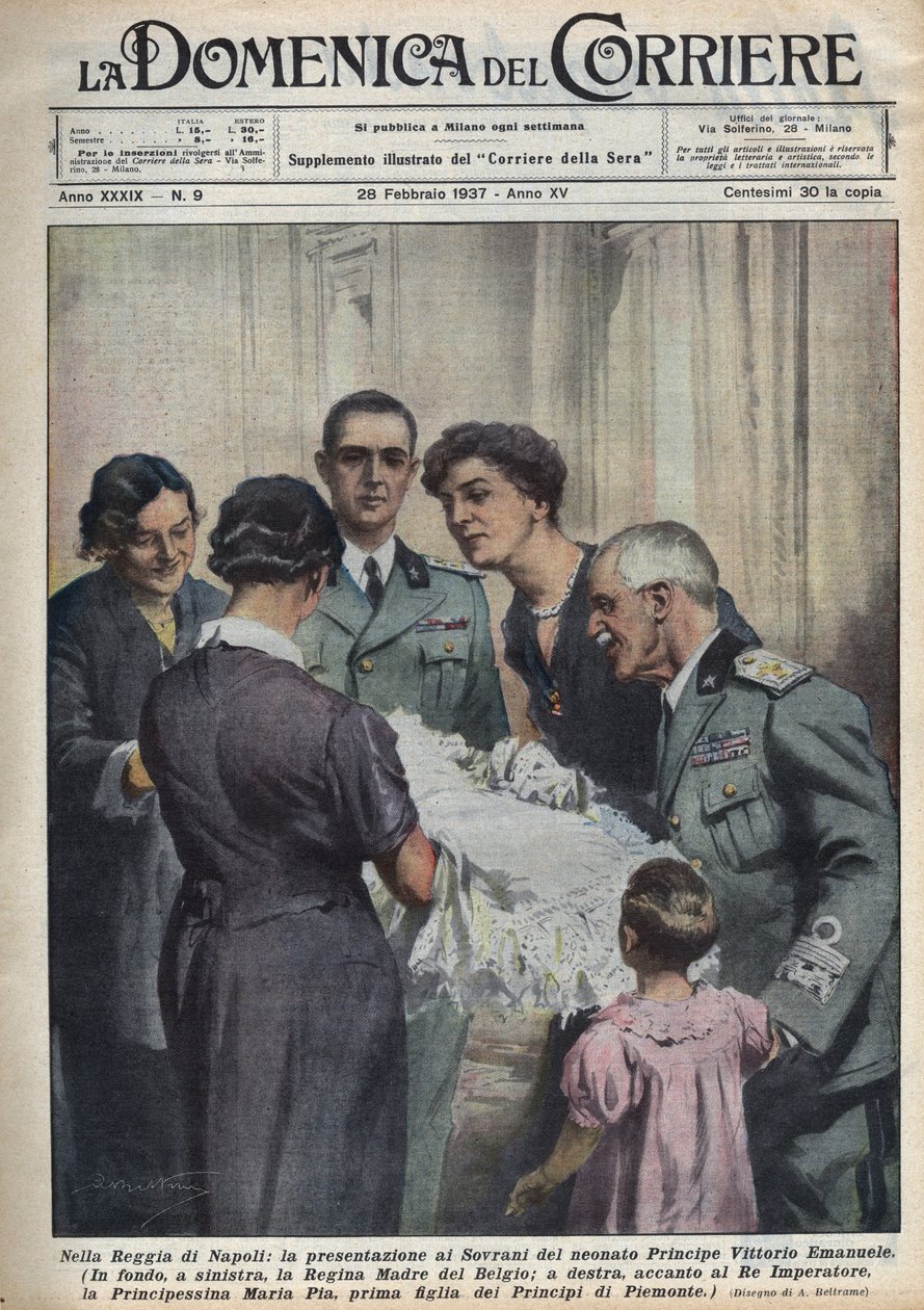Presentation av prins Vittorio Emanuele, spädbarn, för suveränerna, till vänster drottningmodern till belgarna Elisabeth de Baviere (1876-1965), till höger Victor-Emmanuel (Victor Emmanuel) (Vittorio Emanuele) III av Savojen, och i bakgrunden Fathe av Achille Beltrame