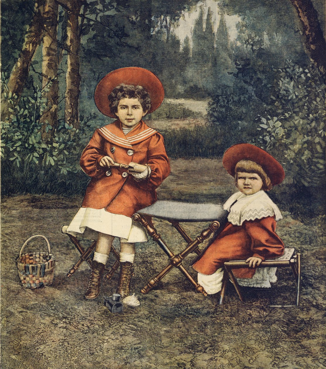 Prinsessorna Jolanda och Mafalda, kungens döttrar, i trädgårdarna vid Quirinale, av Achille Beltrame (1871-1945), från La Domenica del Corriere av Achille Beltrame
