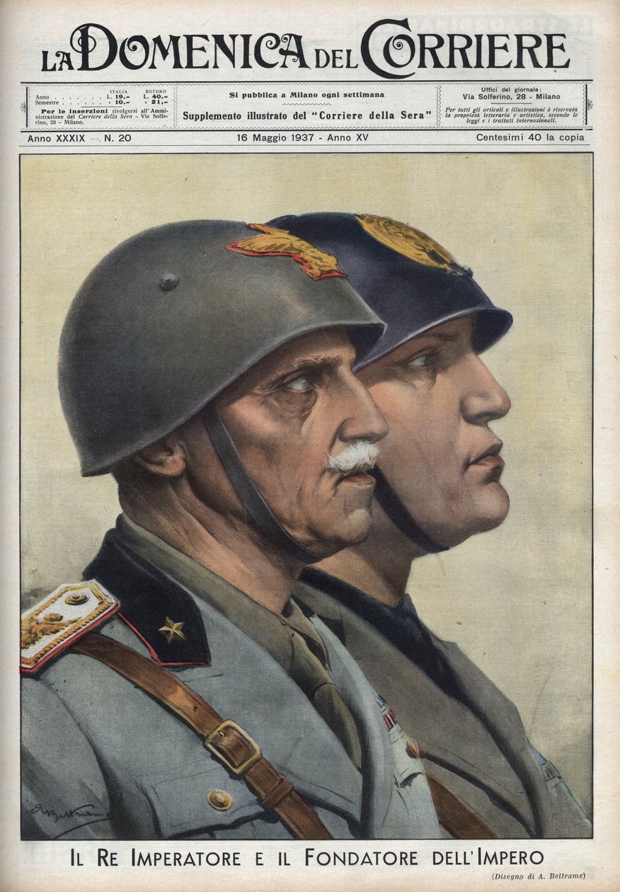 Profiler av kung Vittorio Emanuele (Victor Emmanuel) III och Duce Benito Mussolini, grundare av imperiet, i vägen för romerska kejsare. Illustration av Achille Beltrame i "La domenica del Corriere"" av 1937-05-16. av Achille Beltrame