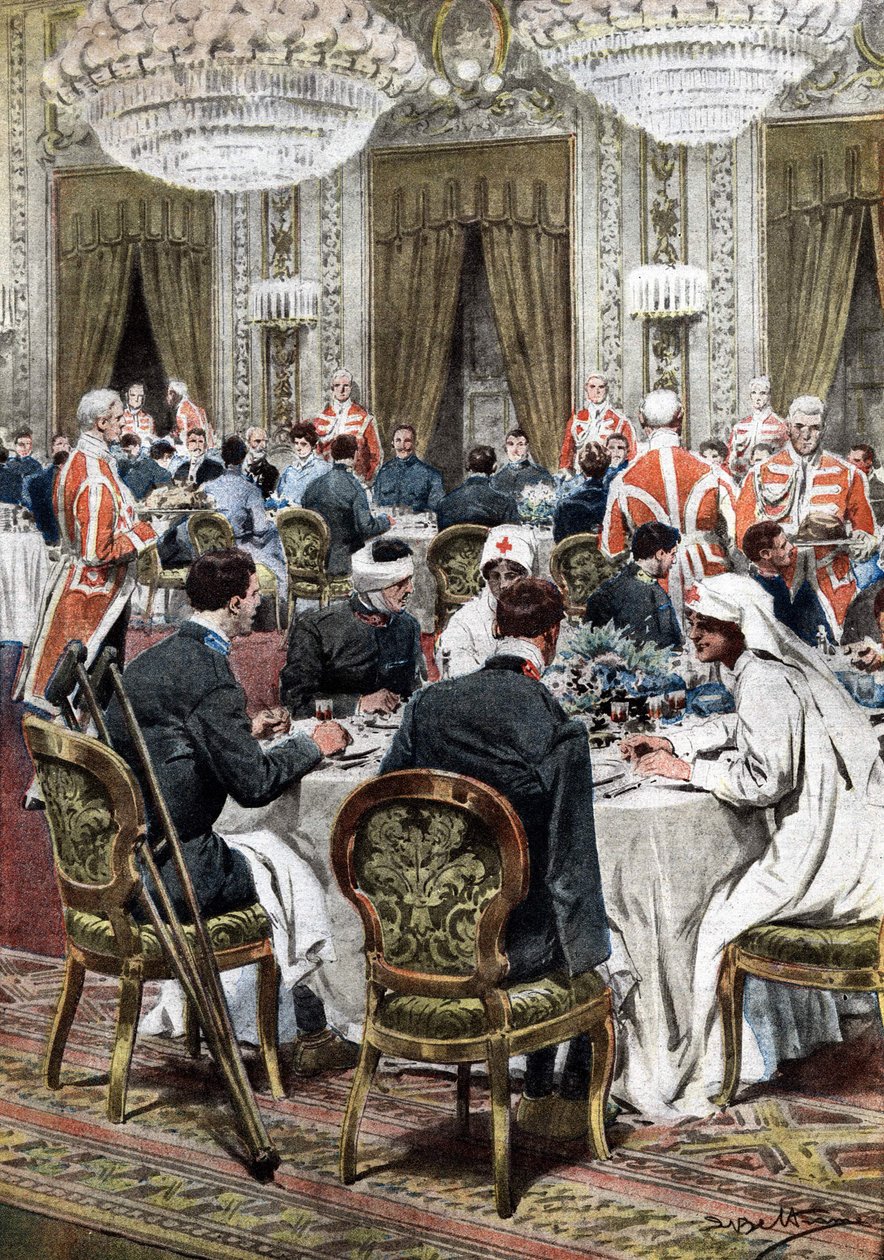 Drottning av Italien Helena (Elena) av Montenegro var värd för 140 krigsstympade offer från Quirinale Hospital vid en överdådig bankett. Gästerna åt lunch med suveränerna, prinsarna, hertigen av Genua, hertiginnan av Aosta och general Diaz. Ill. de Beltram av Achille Beltrame